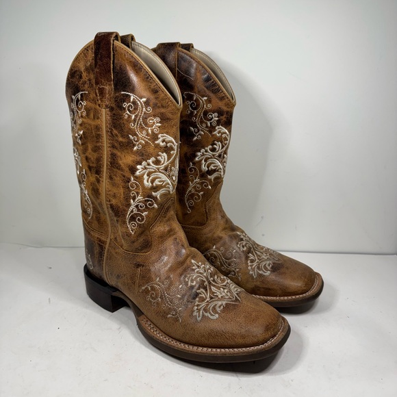 Old West Shoes - BSY1958 Old West Girl's Youth Square Toe Leather Western Boot Brown Size 7